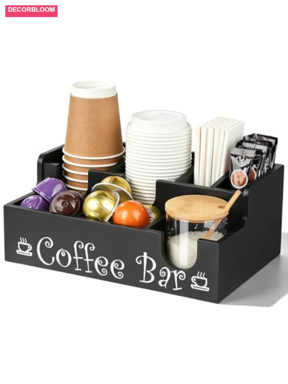 Solid Wood Coffee Bar Organizer 7 Compartment Countertop Storage Station